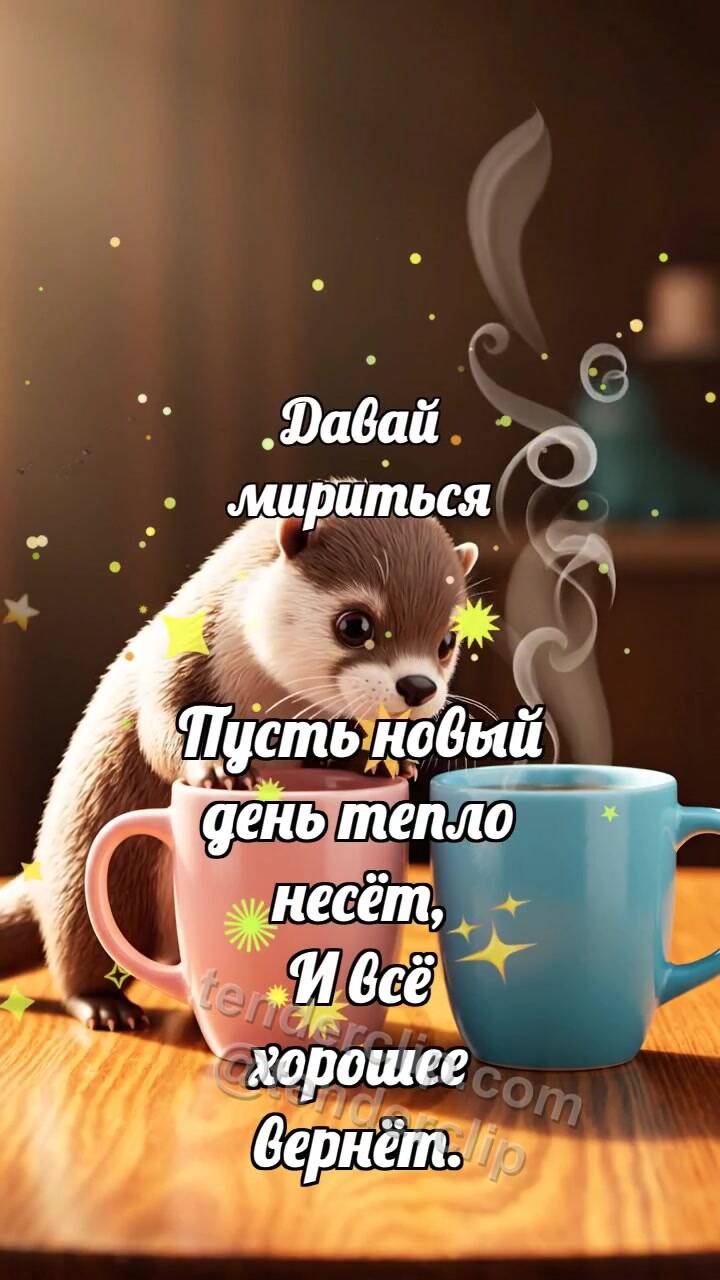 Анимационная открытка на тему Давай мириться: Выдра двигает чашки ближе