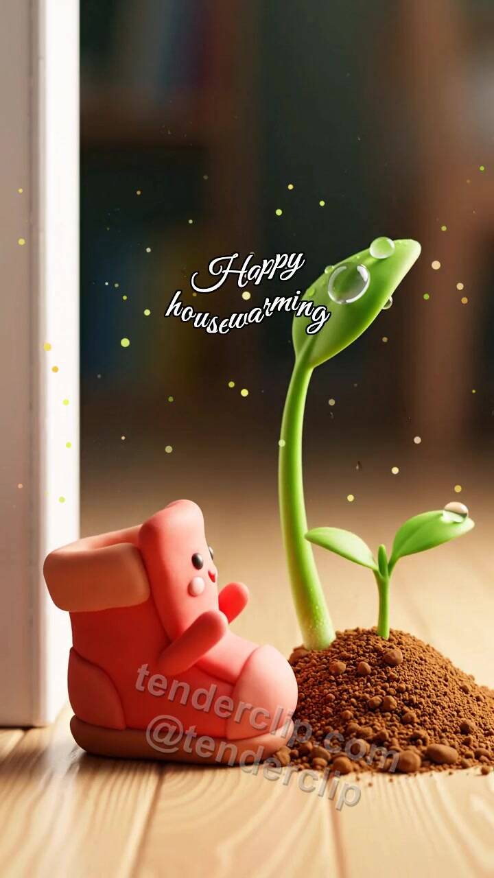Animated greeting card about Happy housewarming: Clay Shoe Welcomes Sprout