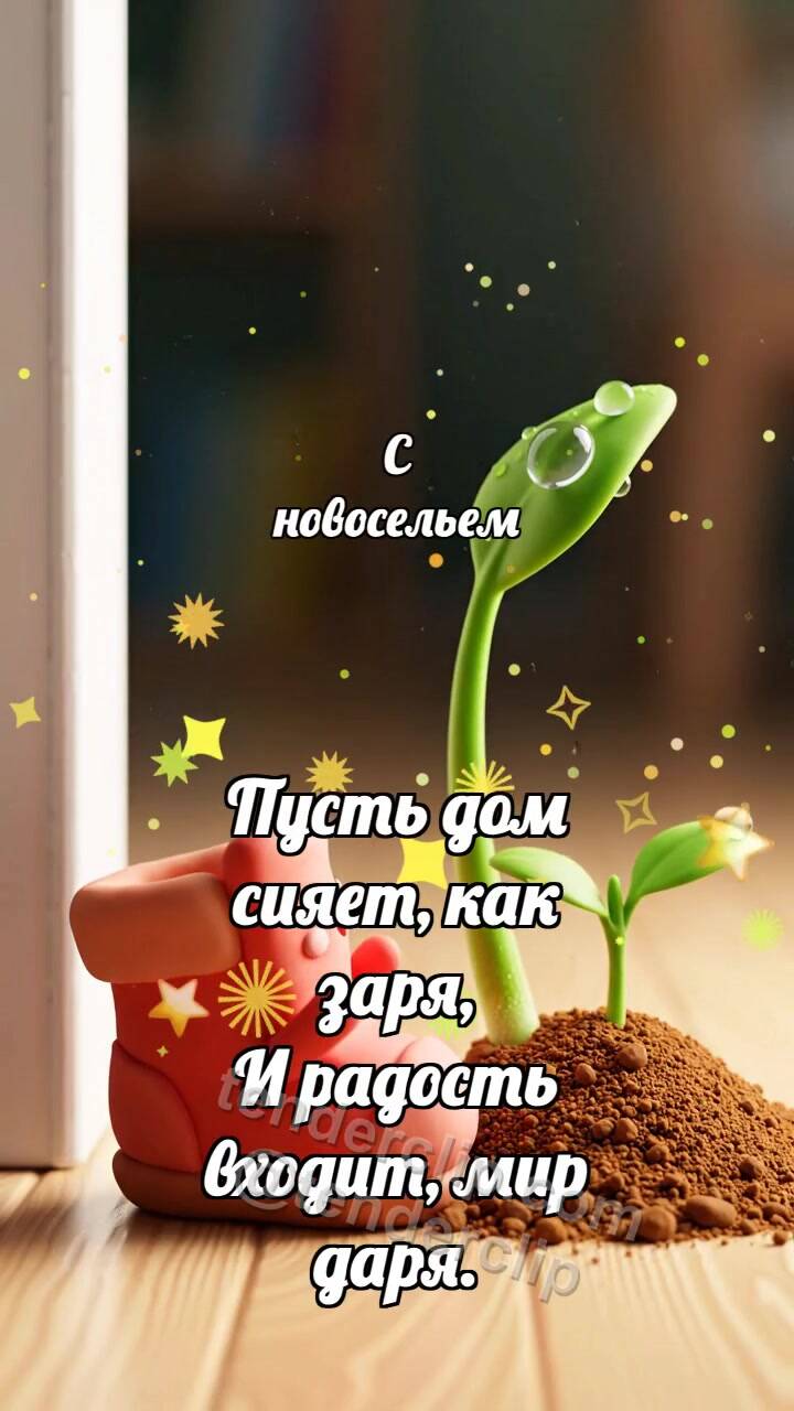 Анимационная открытка на тему С новосельем: Глиняный башмачок встречает росток