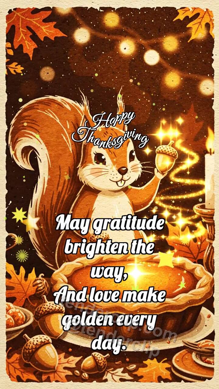 Animated greeting card about Happy Thanksgiving: Squirrel By Pie Glow