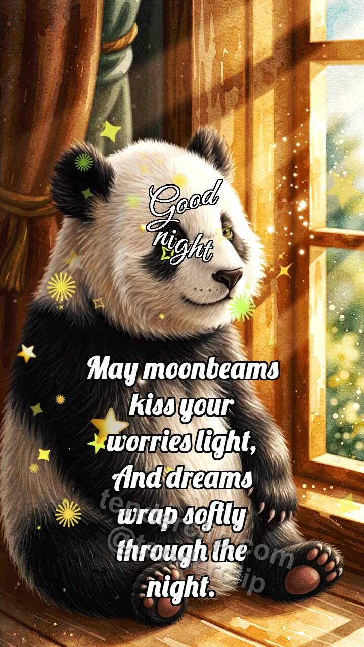 Animated greeting card about Good night: Panda Cub By Warm Window
