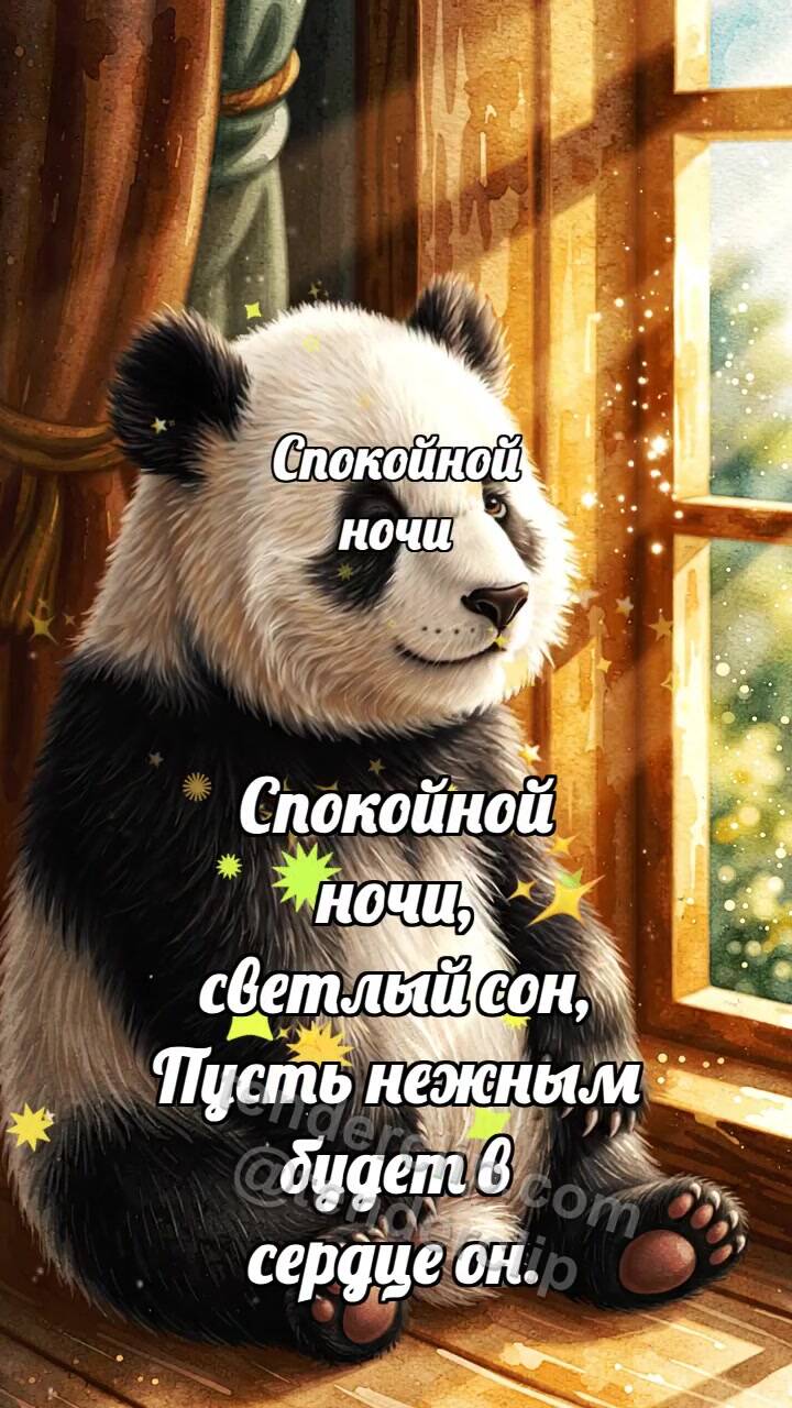 Анимационная открытка на тему Спокойной ночи: Панда рядом у окна