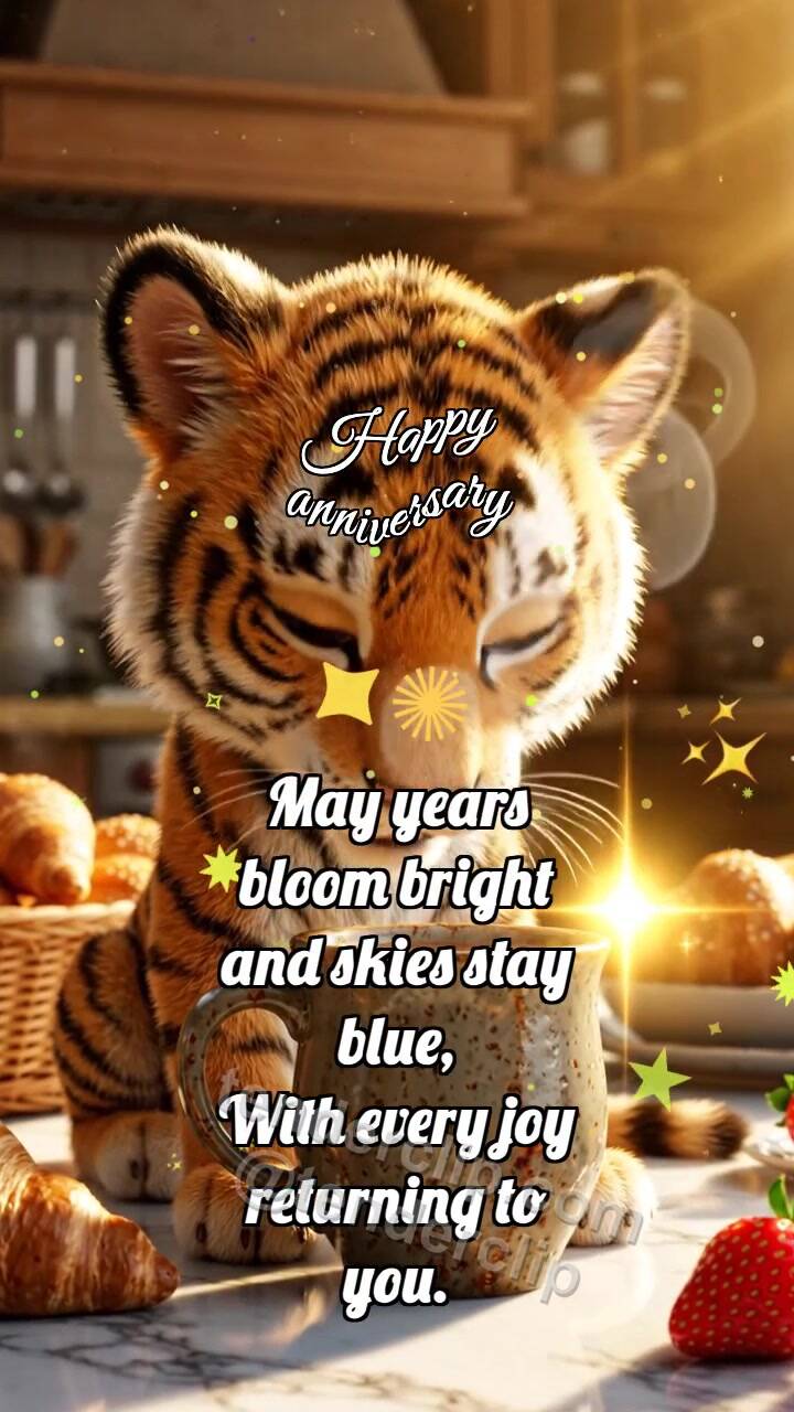 Animated greeting card about Happy anniversary: Tiger Cub By Morning Coffee