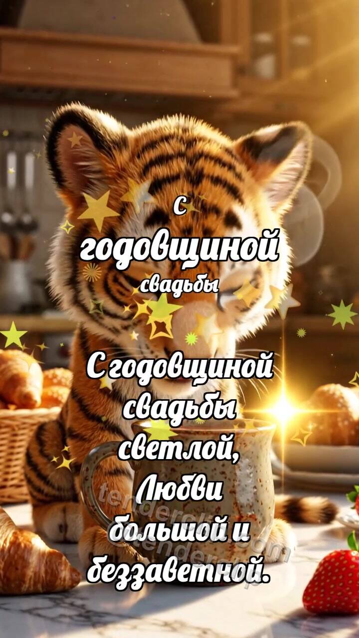 Анимационная открытка на тему С годовщиной свадьбы: Тигрёнок с утренним кофе