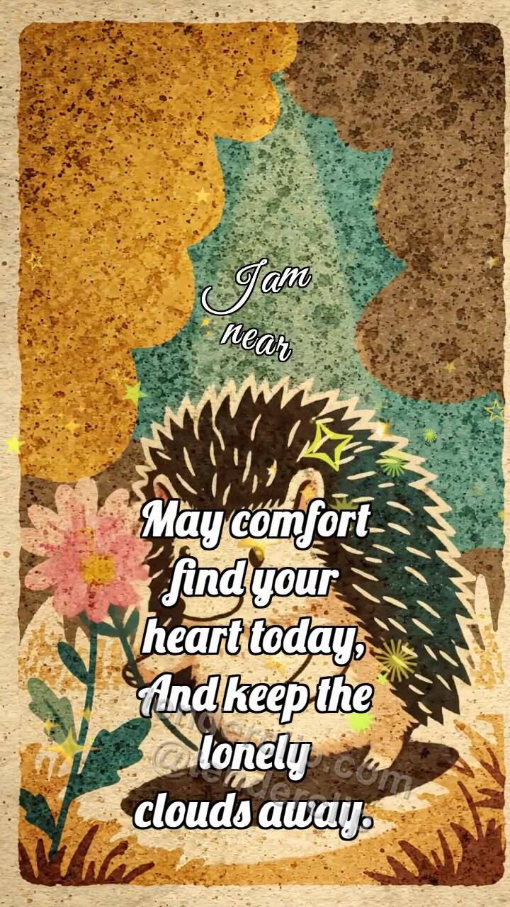 Animated greeting card about I am near: Hedgehog Carries Flower