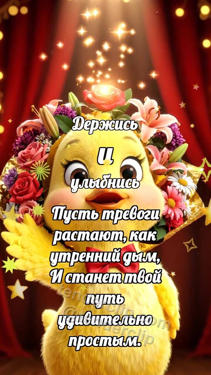 Анимационная открытка на тему Держись и улыбнись: Цыплёнок держит букет дня