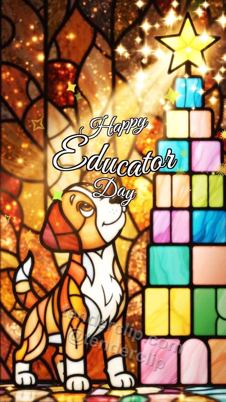 Animated greeting card about Happy Educator Day: Puppy By Block Tower