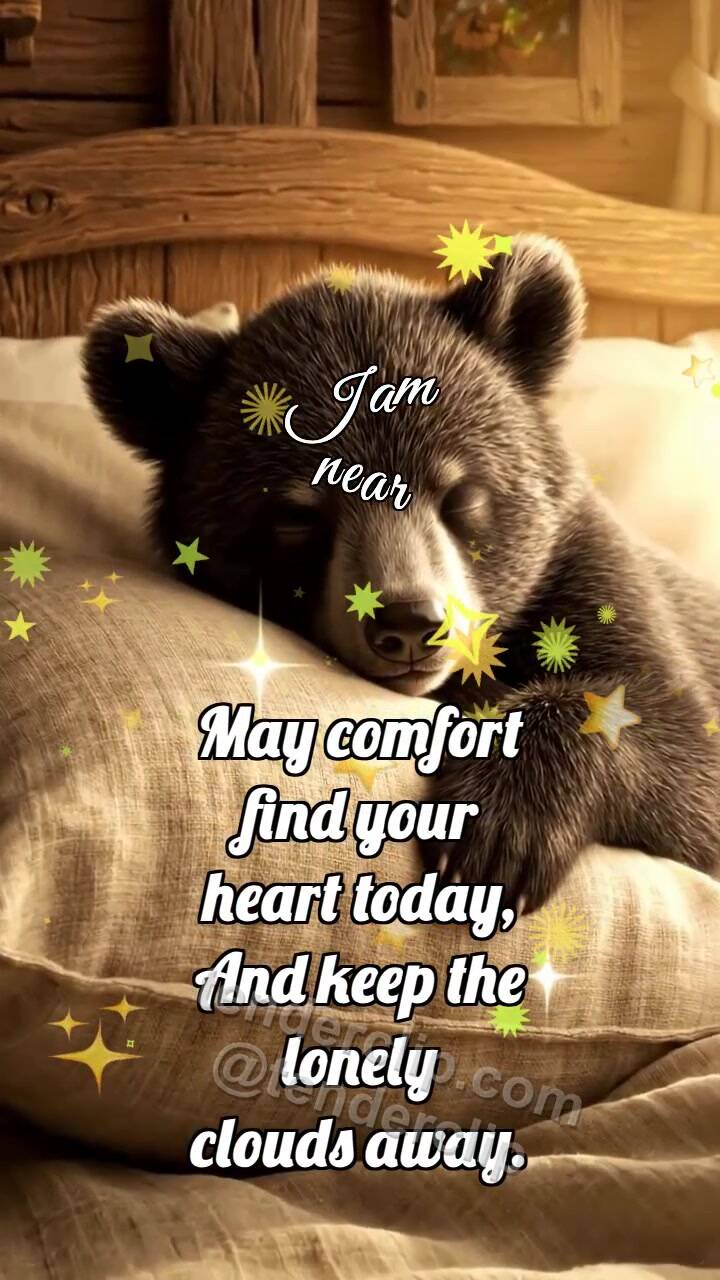 Animated greeting card about I am near: Bear Cub Hugs Pillow