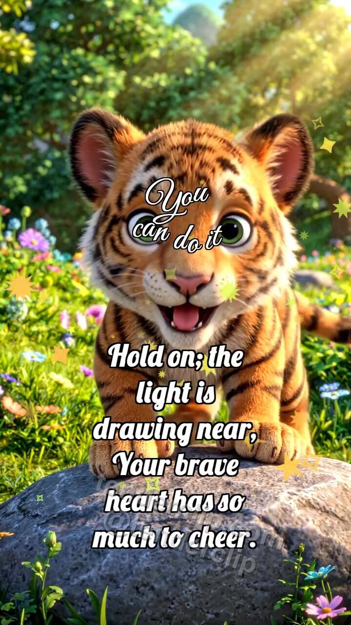 Animated greeting card about You can do it: Tiger Cub Climbs Up