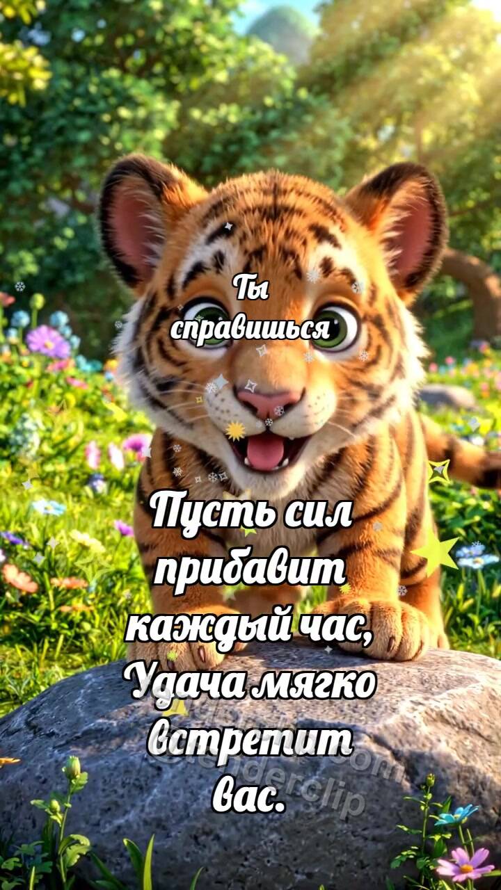 Анимационная открытка на тему Ты справишься: Тигрёнок забирается выше