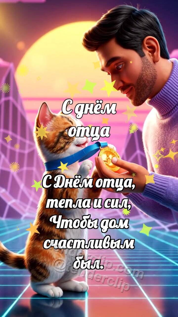 Анимационная открытка на тему С днём отца: Котёнок дарит медаль папе