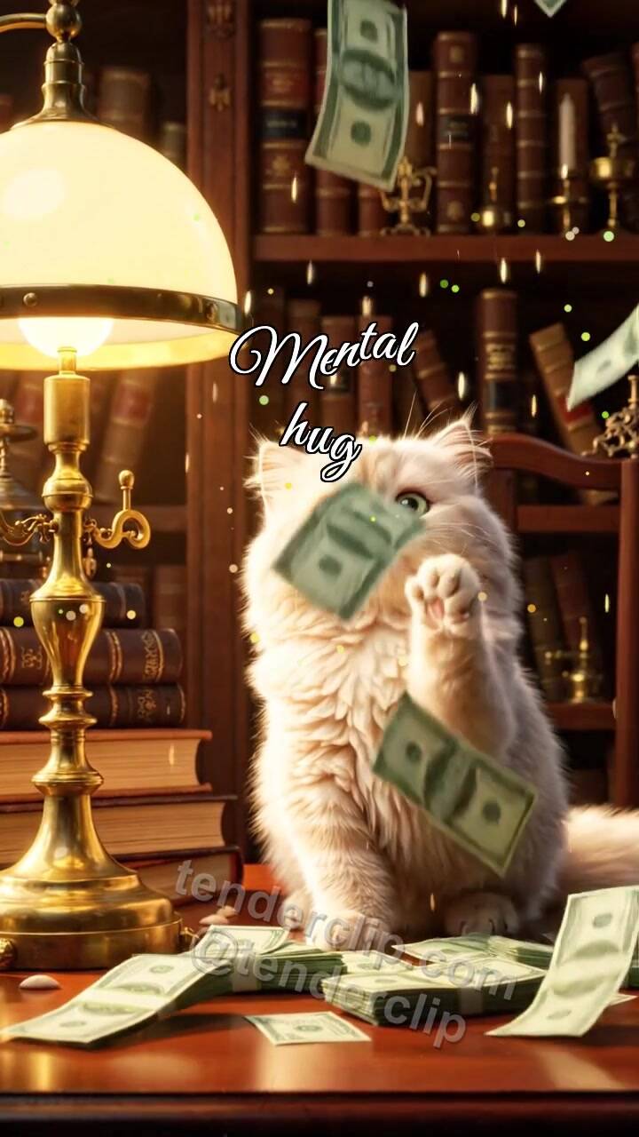 Animated greeting card about Mental hug: Kitten Under Money Rain