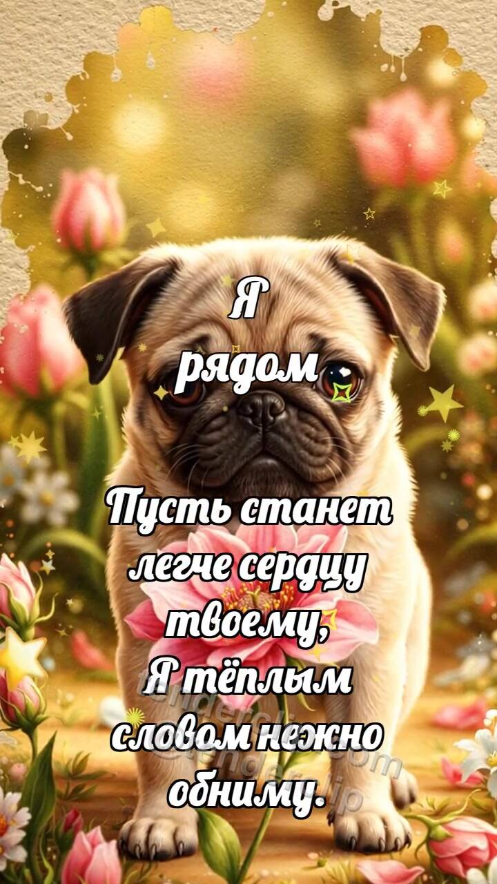 Анимационная открытка на тему Я рядом: Щенок несёт цветок