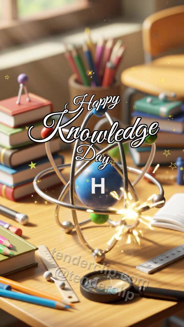 Animated greeting card about Happy Knowledge Day: Atom Model Glows