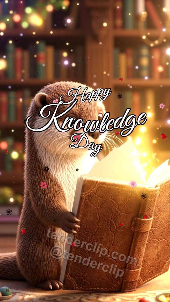 Animated greeting card about Happy Knowledge Day: Otter Opens Book
