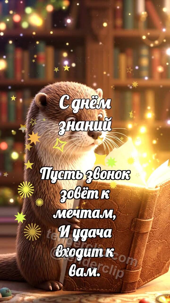 Анимационная открытка на тему С днём знаний: Выдра открывает книгу
