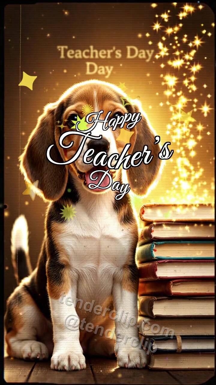 Animated greeting card about Happy Teacher’s Day: Puppy By Book Stack
