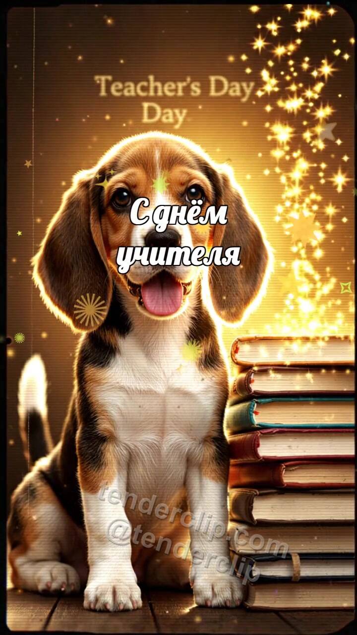 Анимационная открытка на тему С днём учителя: Щенок у стопки книг