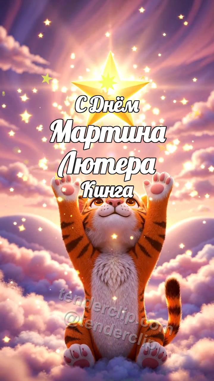 Анимационная открытка на тему С Днём Мартина Лютера Кинга: Тигрёнок поднимает звезду