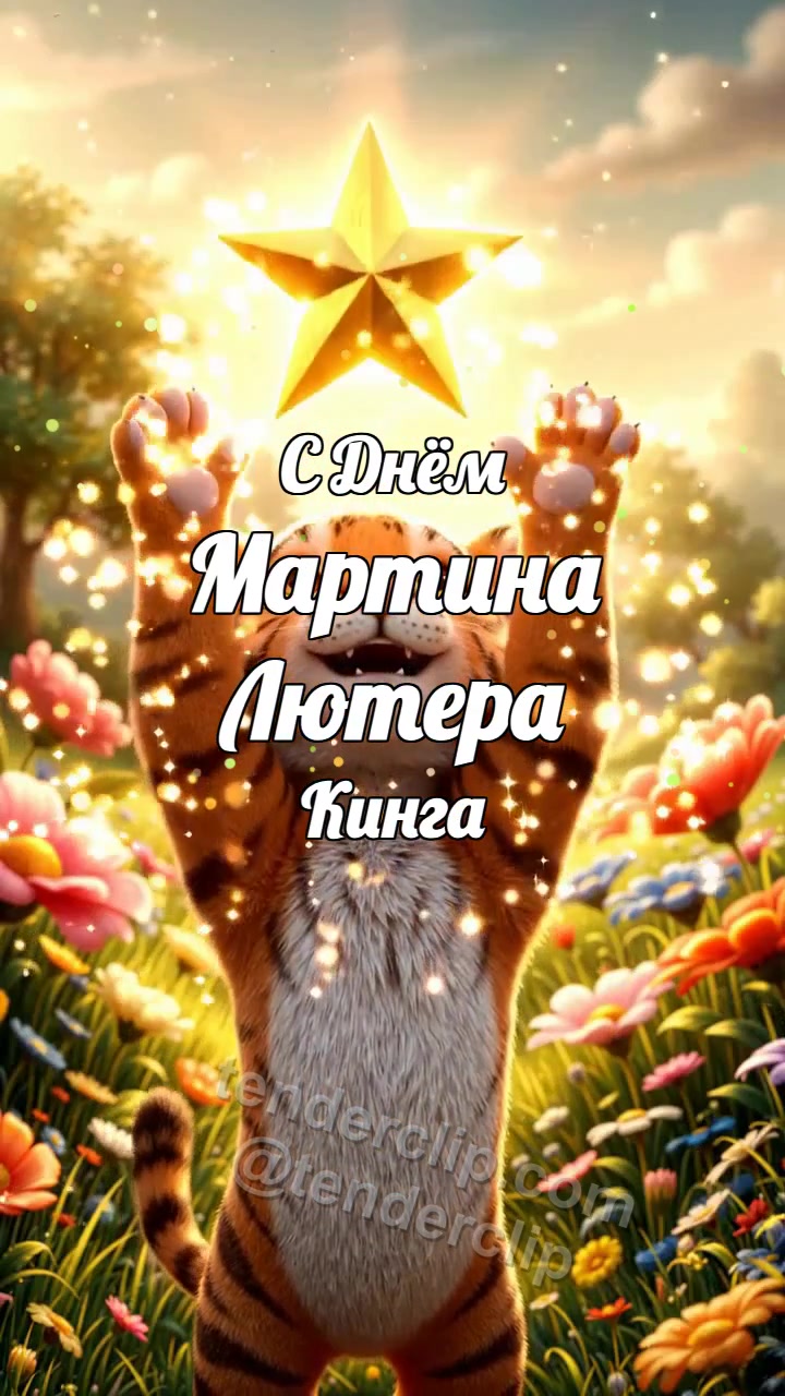 Анимационная открытка на тему С Днём Мартина Лютера Кинга: Тигрёнок поднимает звезду