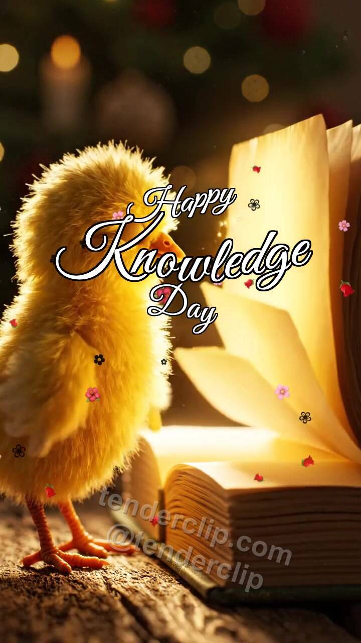 Animated greeting card about Happy Knowledge Day: Chick Opens Book