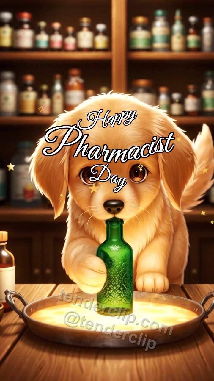 Animated greeting card about Happy Pharmacist Day: Puppy Shares Care