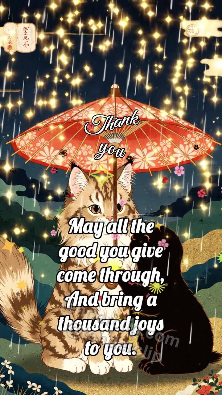 Animated greeting card about Thank you: Kitten Holds Umbrella