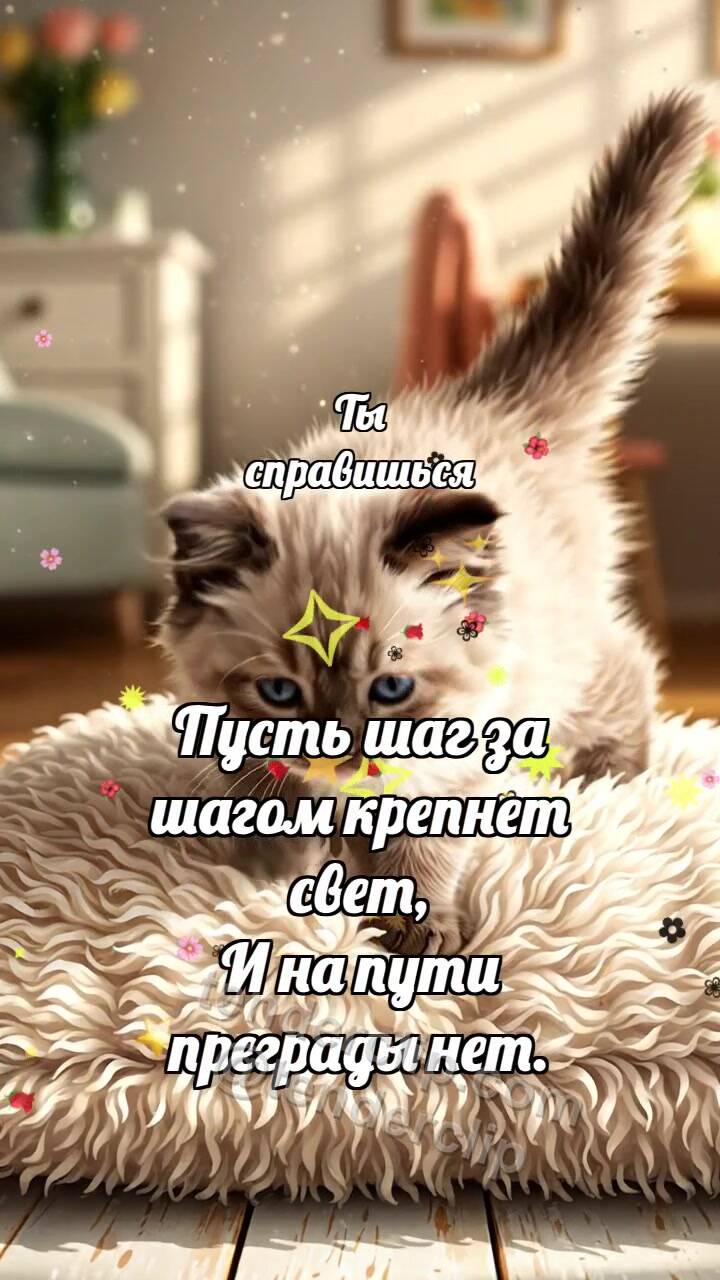 Анимационная открытка на тему Ты справишься: Котёнок держит равновесие