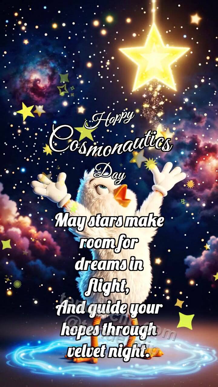 Animated greeting card about Happy Cosmonautics Day: Chick Catches Star