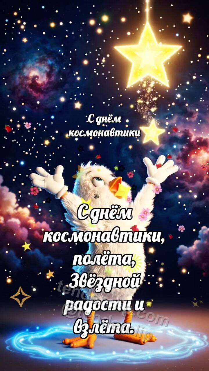 Анимационная открытка на тему С днём космонавтики: Цыплёнок ловит звезду