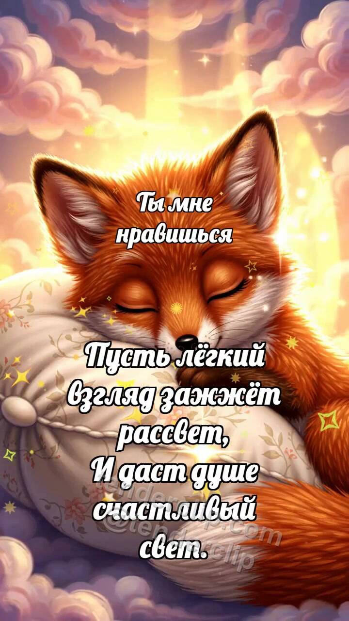 Анимационная открытка на тему Ты мне нравишься: Лисёнок обнимает подушку