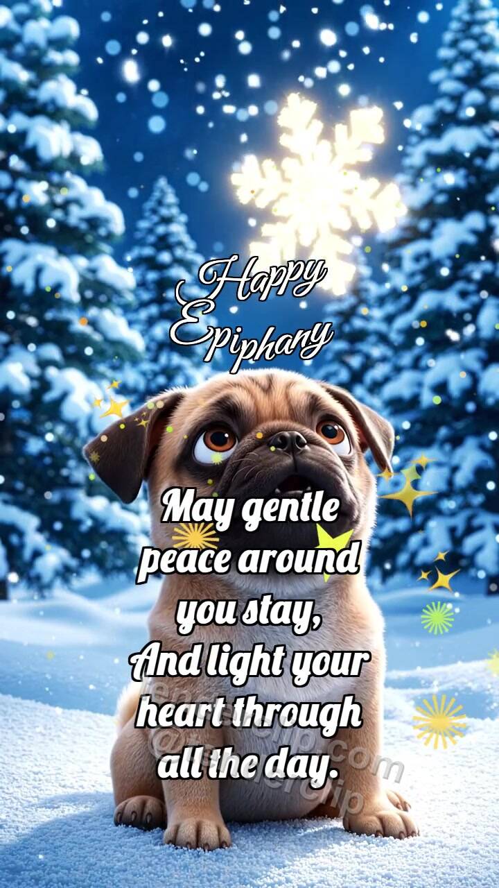 Animated greeting card about Happy Epiphany: Puppy Greets Snowflake