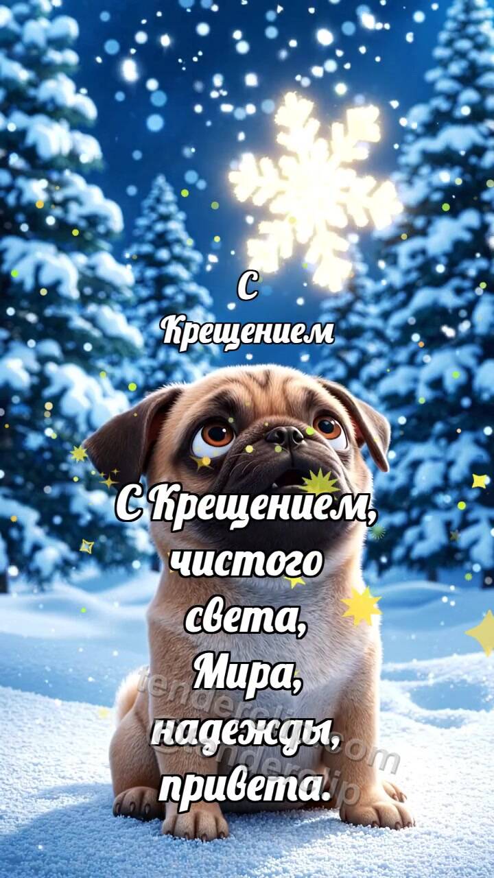 Анимационная открытка на тему С Крещением: Щенок встречает снежинку