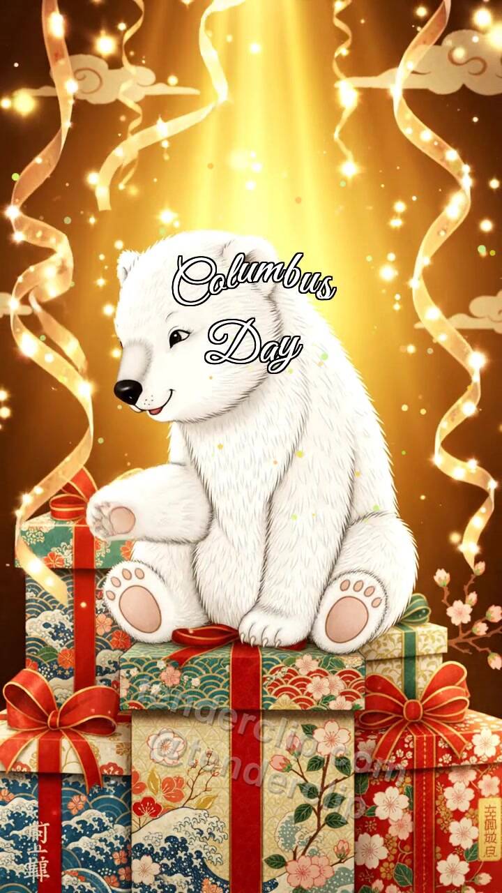 Animated greeting card about Columbus Day: Bear Cub On Gift Stack