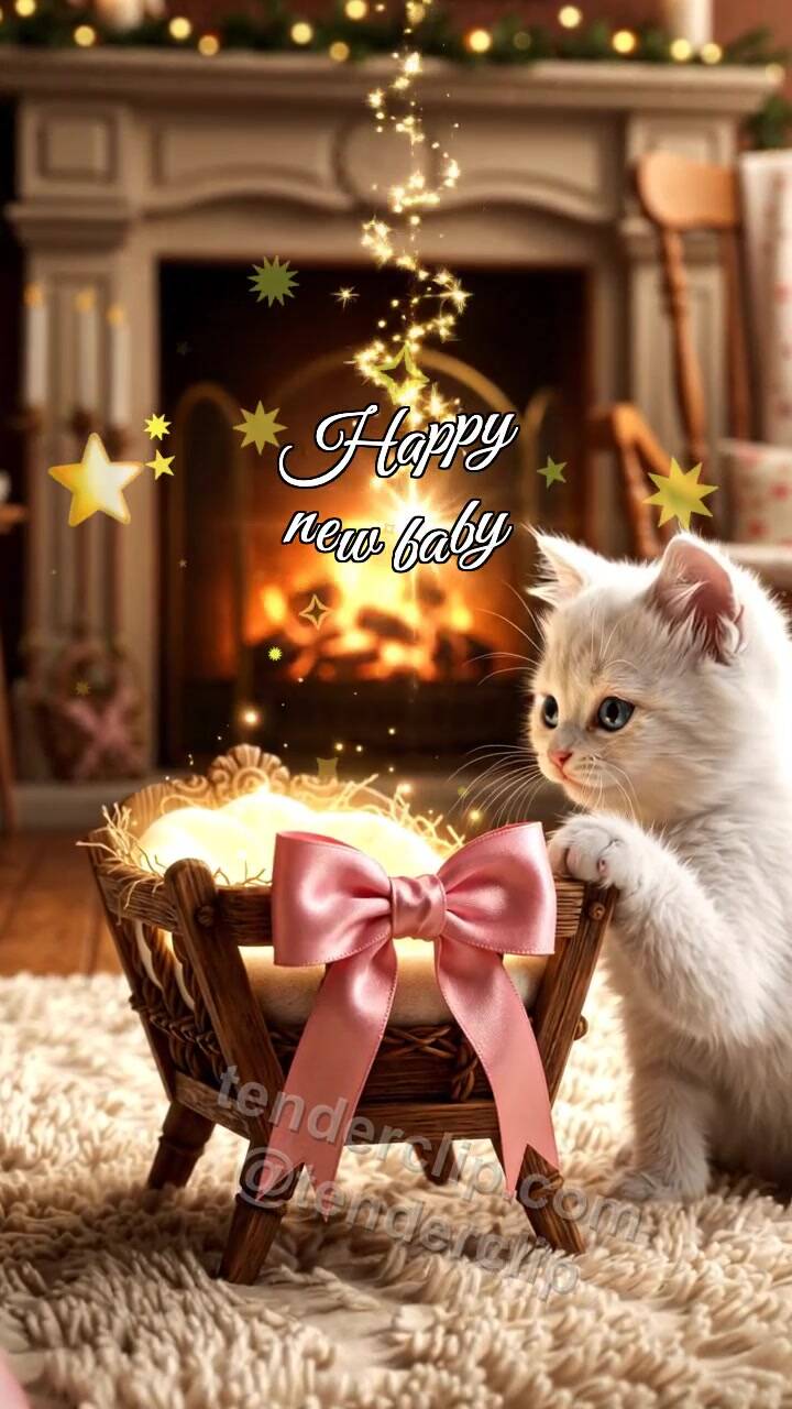 Animated greeting card about Happy new baby: Kitten By Cradle