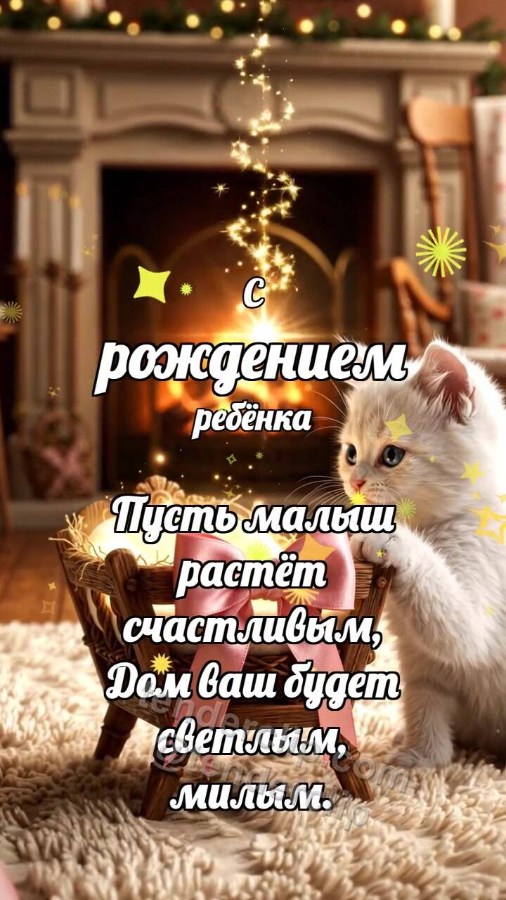 Анимационная открытка на тему С рождением ребёнка: Котёнок у колыбельки