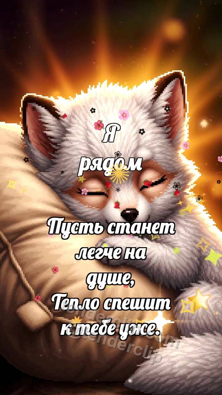 Анимационная открытка на тему Я рядом: Лисёнок обнимает подушку