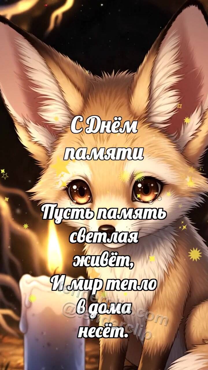 Анимационная открытка на тему С Днём памяти: Лисёнок у свечи памяти