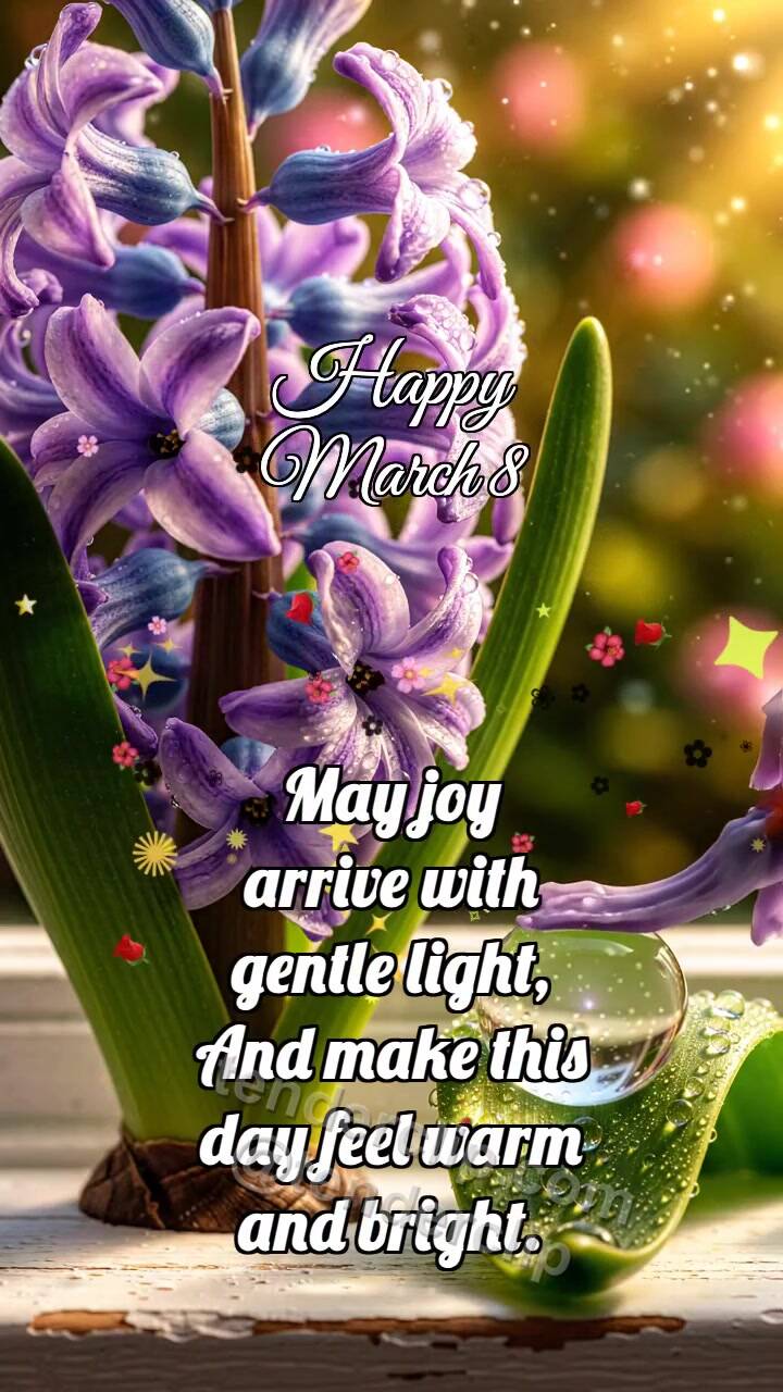 Animated greeting card about Happy March 8: Hyacinth Cluster Wakes Drop