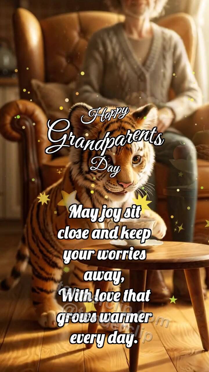 Animated greeting card about Happy Grandparents Day: Tiger Cub Sets Tea Cup