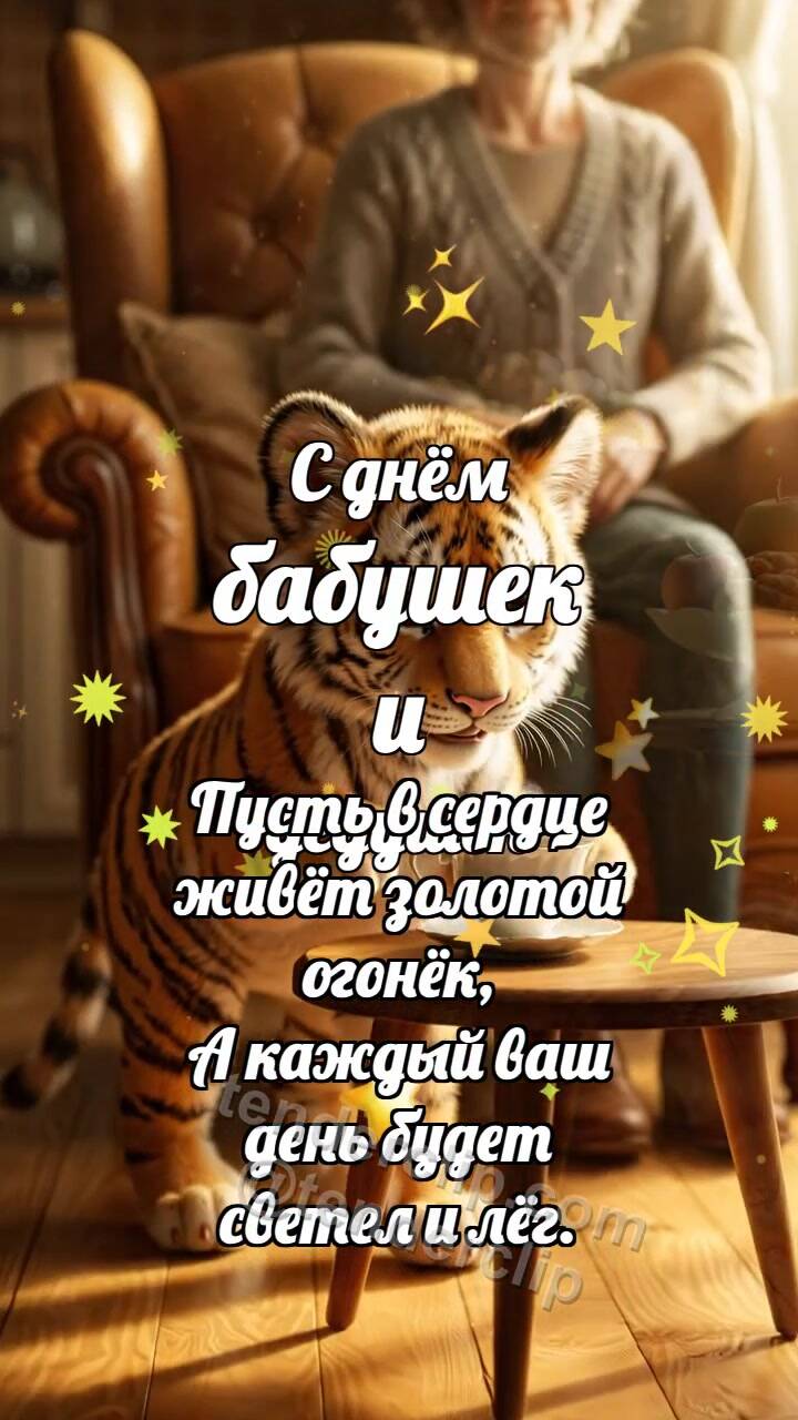 Анимационная открытка на тему С днём бабушек и дедушек: Тигрёнок ставит чашку чая