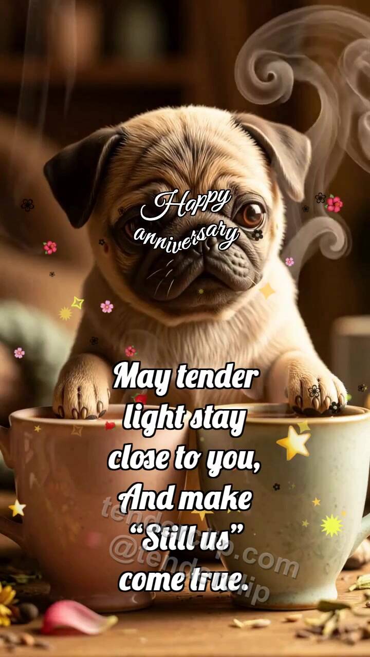 Animated greeting card about Happy anniversary: Puppy By Two Cups