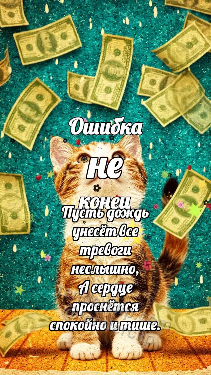 Анимационная открытка на тему Ошибка не конец: Котёнок под дождём денег