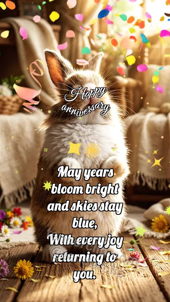 Animated greeting card about Happy anniversary: Bunny In Confetti Glow