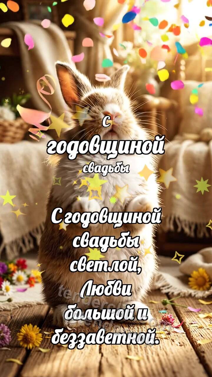 Анимационная открытка на тему С годовщиной свадьбы: Зайчик на облаке конфетти