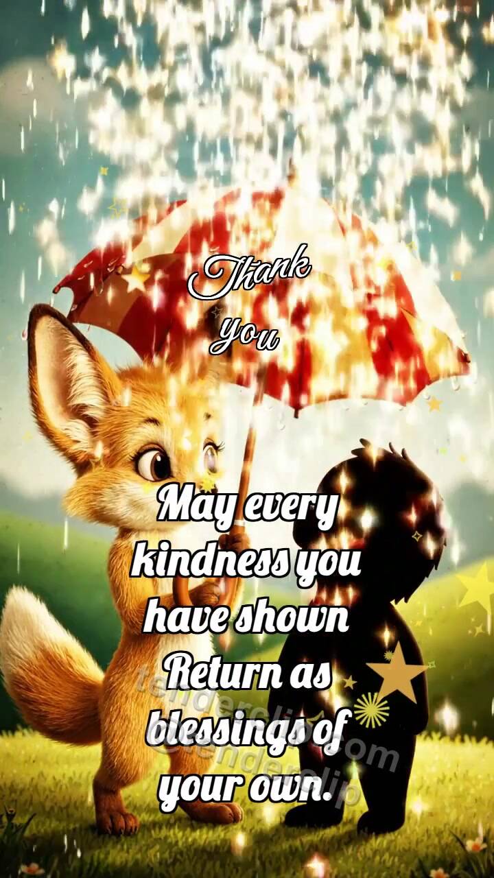 Animated greeting card about Thank you: Fox Cub Holds Umbrella