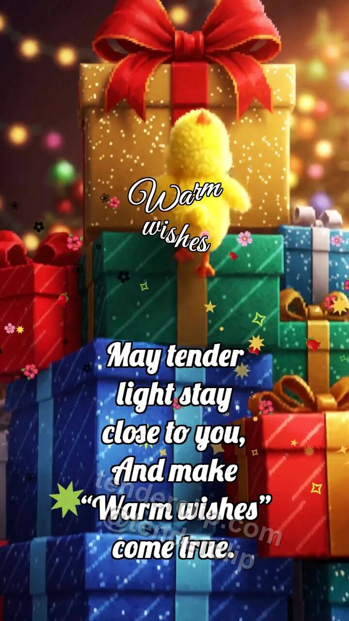 Animated greeting card about Warm wishes: Chick On Gift Pile