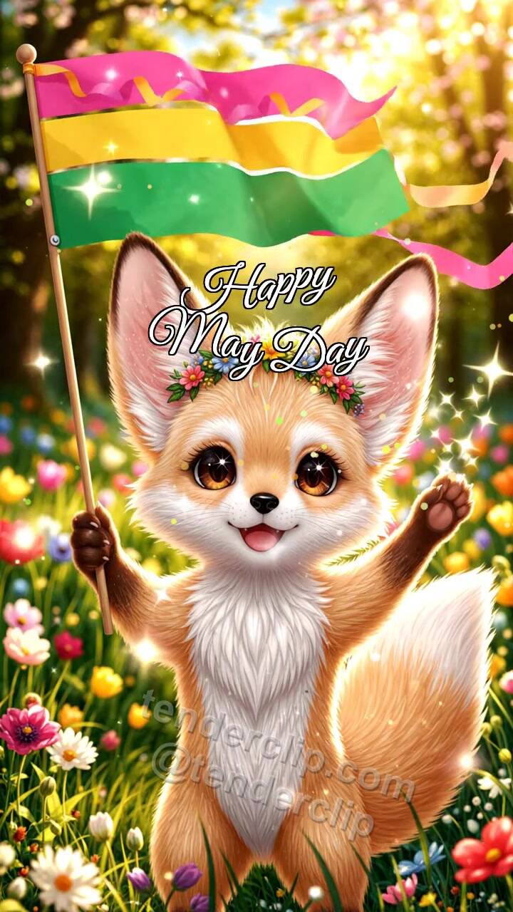 Animated greeting card about Happy May Day: Fox Cub With Spring Flag