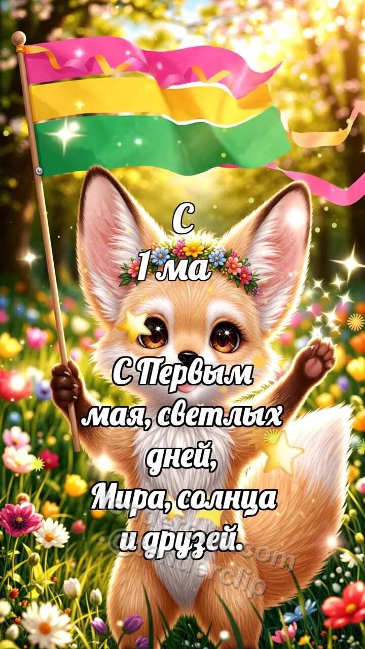 Анимационная открытка на тему С 1 мая: Лисёнок с весенним флажком