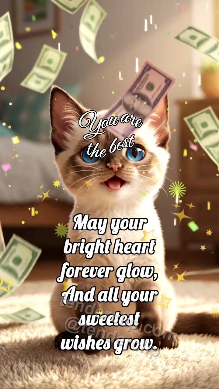 Animated greeting card about You are the best: Kitten Under Money Rain